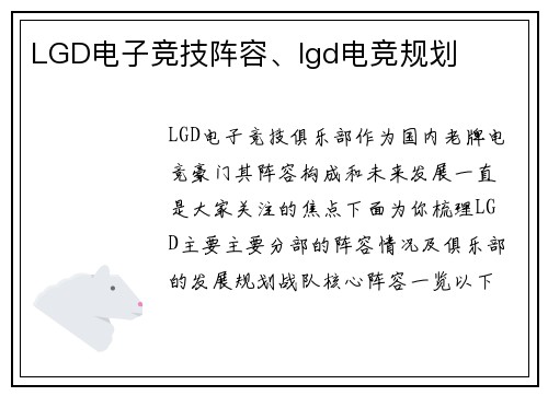 LGD电子竞技阵容、lgd电竞规划